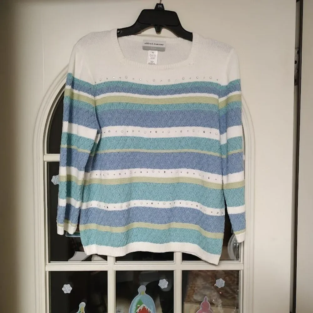 Alfred Dunner White Multi-Color Sparkly Bead Sweater Size Women's Petite M